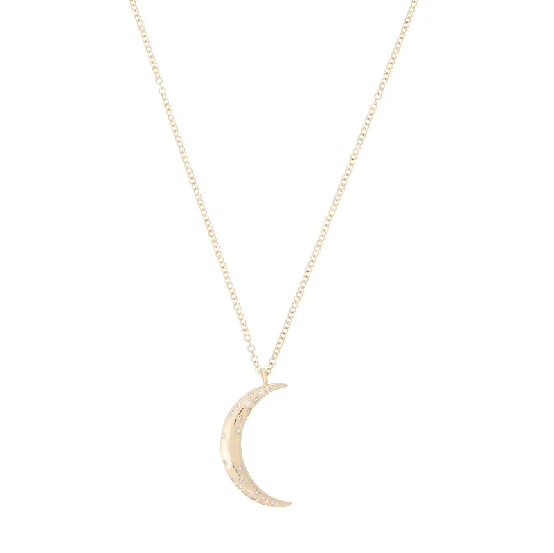 Solid Gold Crescent Moon Necklace with Diamond Sprinkle Detail