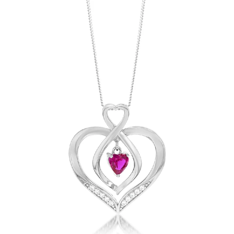 Personalized Jewelry Sale – Unique Pieces At Great Prices Sterling Silver Rhodium Plated White CZ And Created Ruby Infinity On Heart Pendant