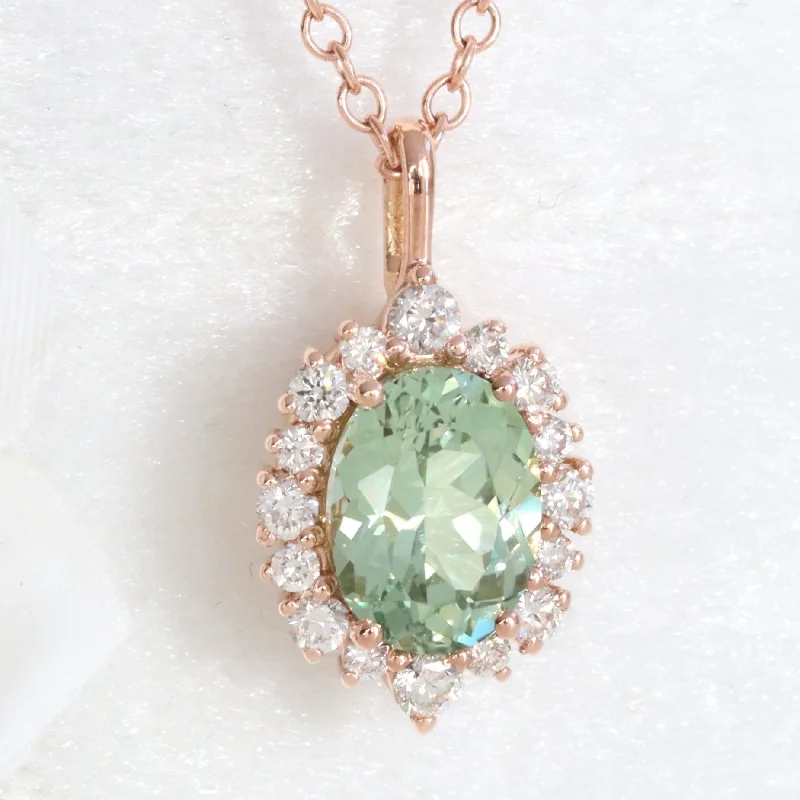 Personalized Jewelry Sale – Meaningful Gifts At Great Prices Oval Green Sapphire Necklace in 14k Gold Tiara Halo Diamond Pendant