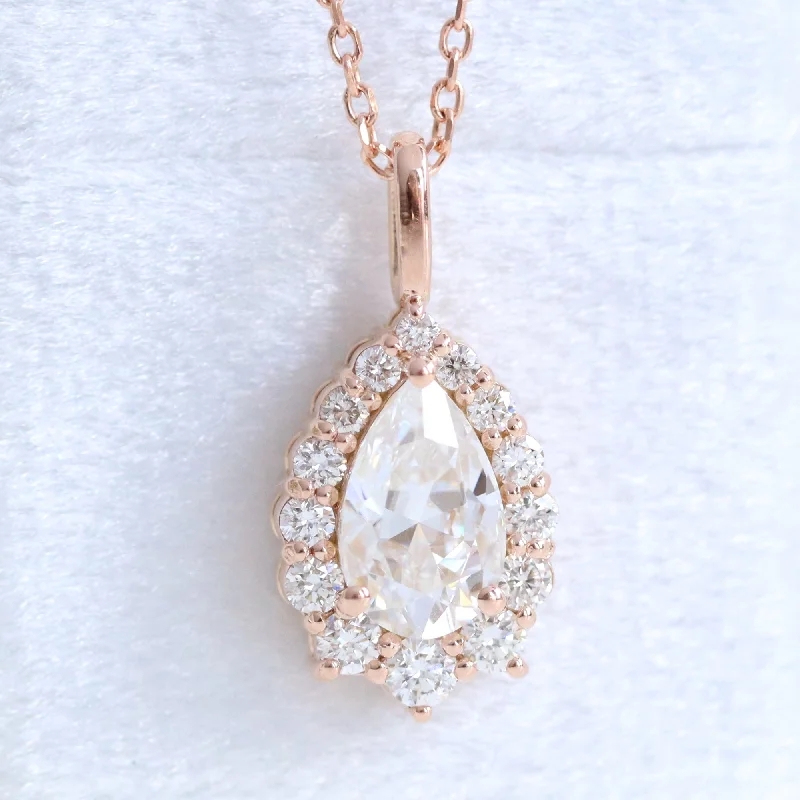 Exclusive Jewelry Offers – Shine For Less Pear Moissanite Diamond Necklace in 14k Gold Tiara Halo Pendant
