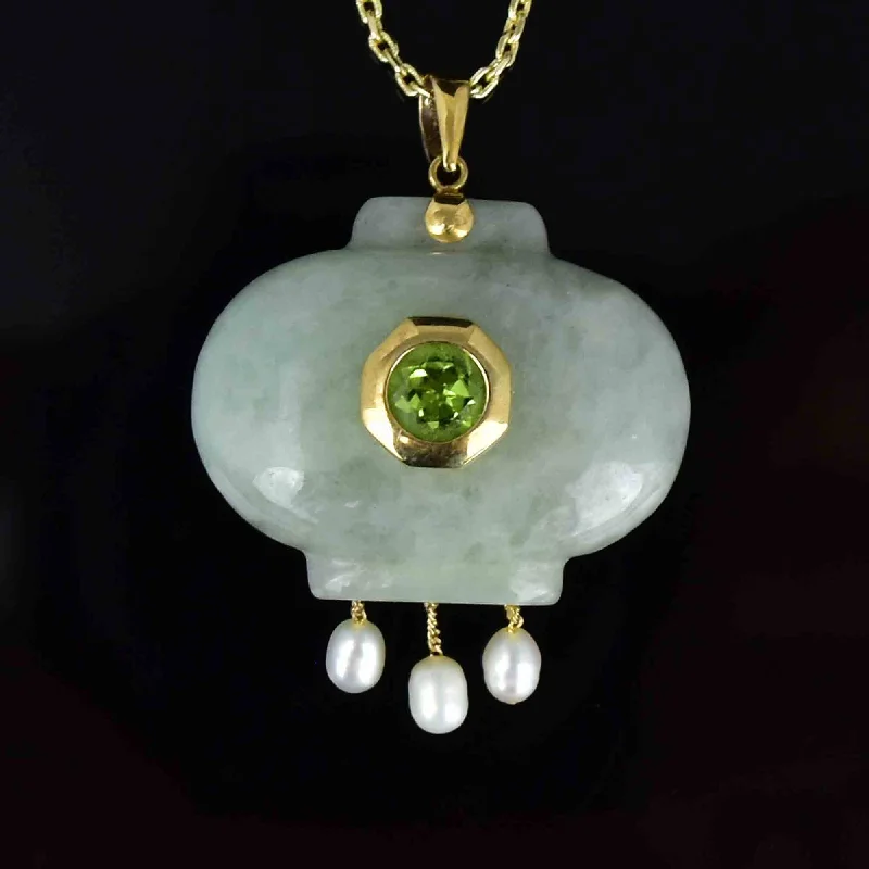 Vintage 14K Gold Carved Jade Peridot Pearl Pendant Necklace