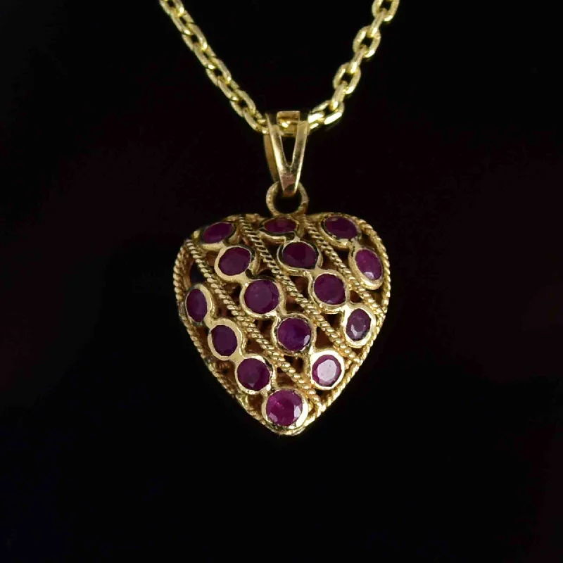 Vintage 14K Gold Filigree Ruby Sapphire Heart Pendant Necklace