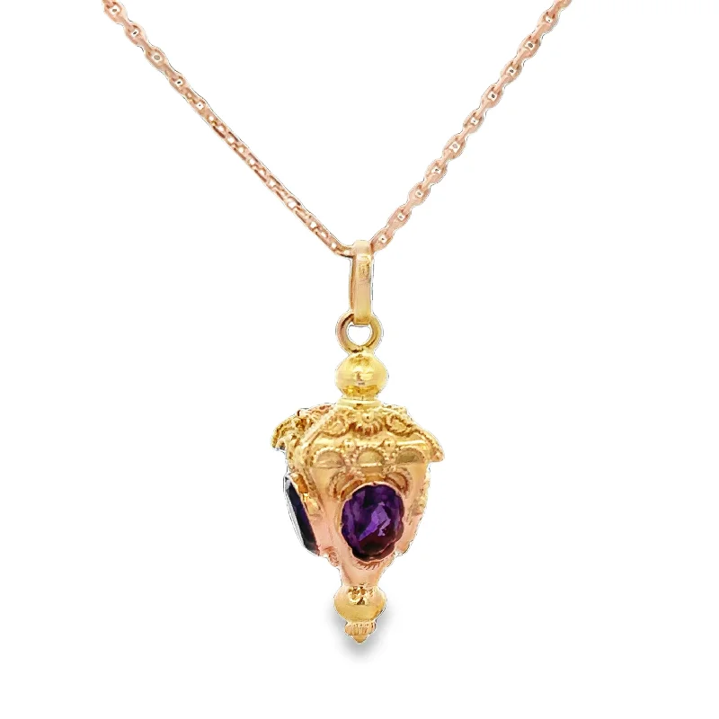 Dainty Floral Jewelry For Feminine Elegance Vintage Amethyst Fob Pendant Necklace in 18k Yellow Gold