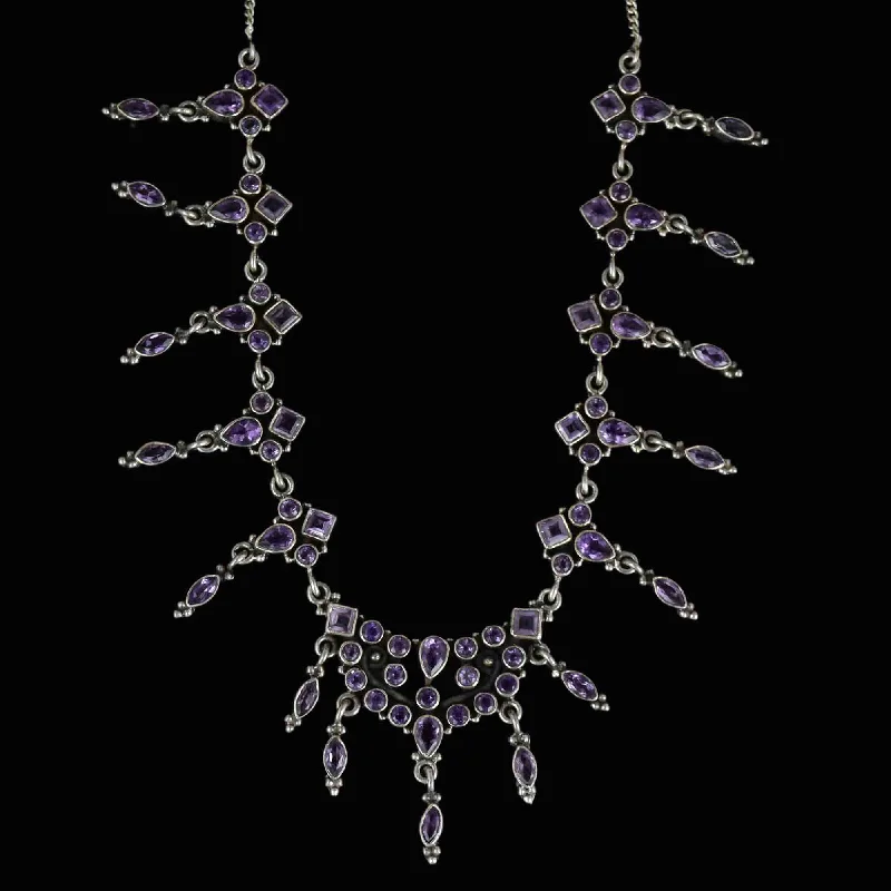 Vintage Art Deco Style Silver Amethyst Waterfall Bib Necklace