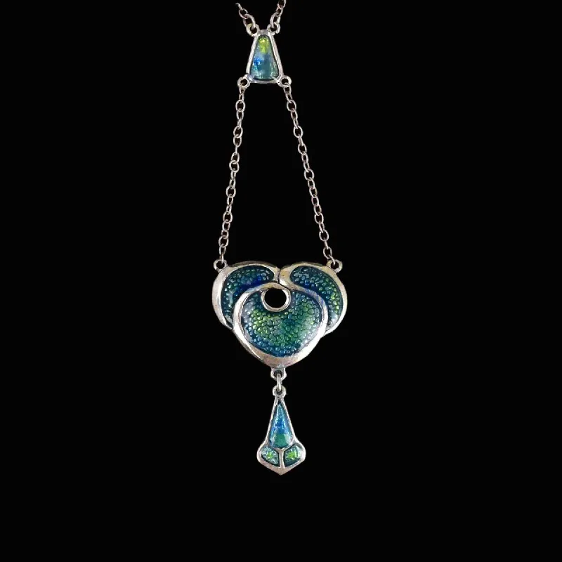 Vintage Art Nouveau Style Silver Enamel Drop Pendant Necklace