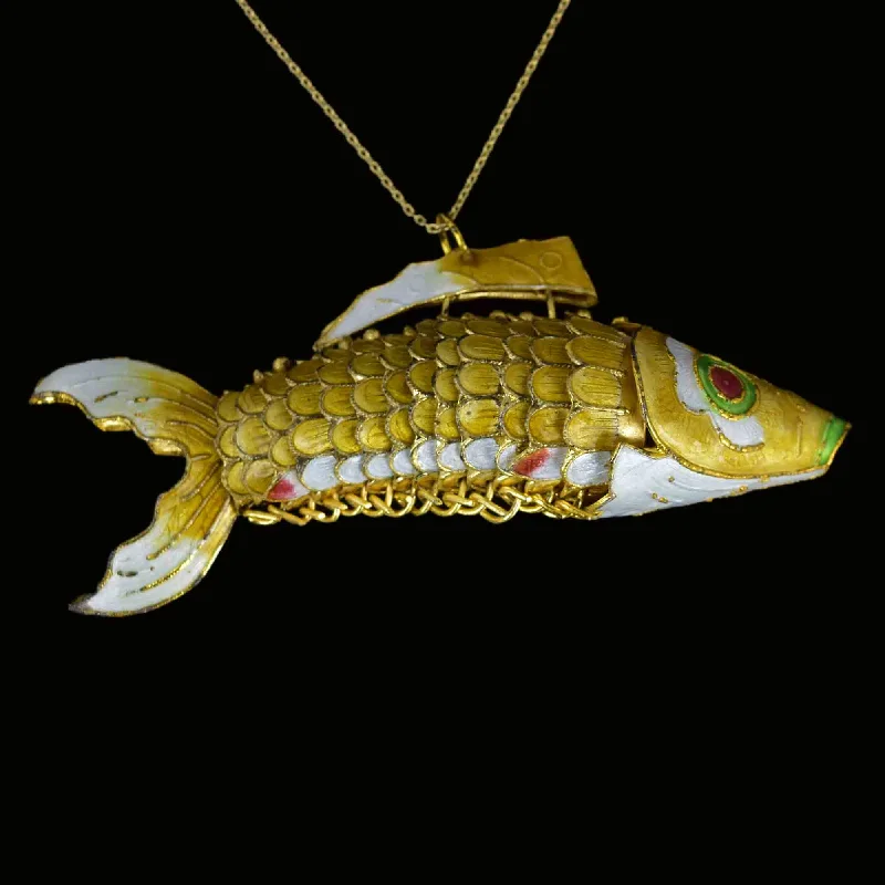 Vintage Articulated Gold Vermeil Yellow Enamel Koi Fish Necklace