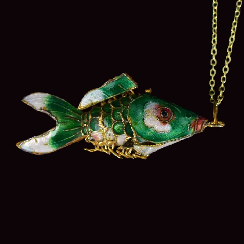 Vintage Articulated Green Enamel Koi Fish Pendant Necklace