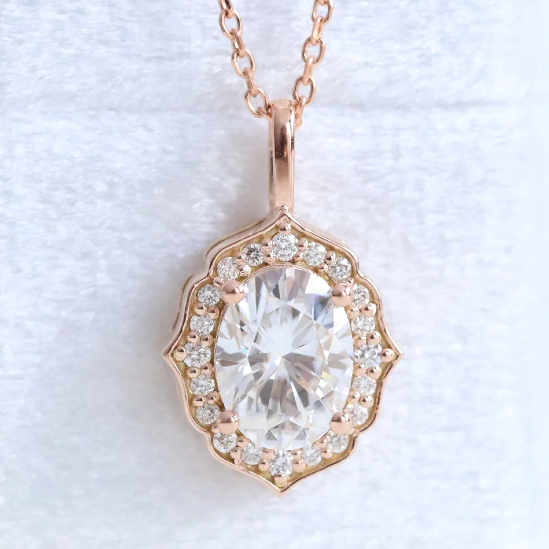 Get Your Favorite Jewelry At The Best Price Oval Moissanite Diamond Necklace in 14k Gold Vintage Floral Halo Pendant