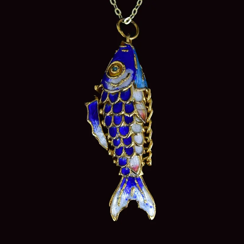 Vintage Gold Vermeil Blue Enamel Koi Articulated Fish Necklace