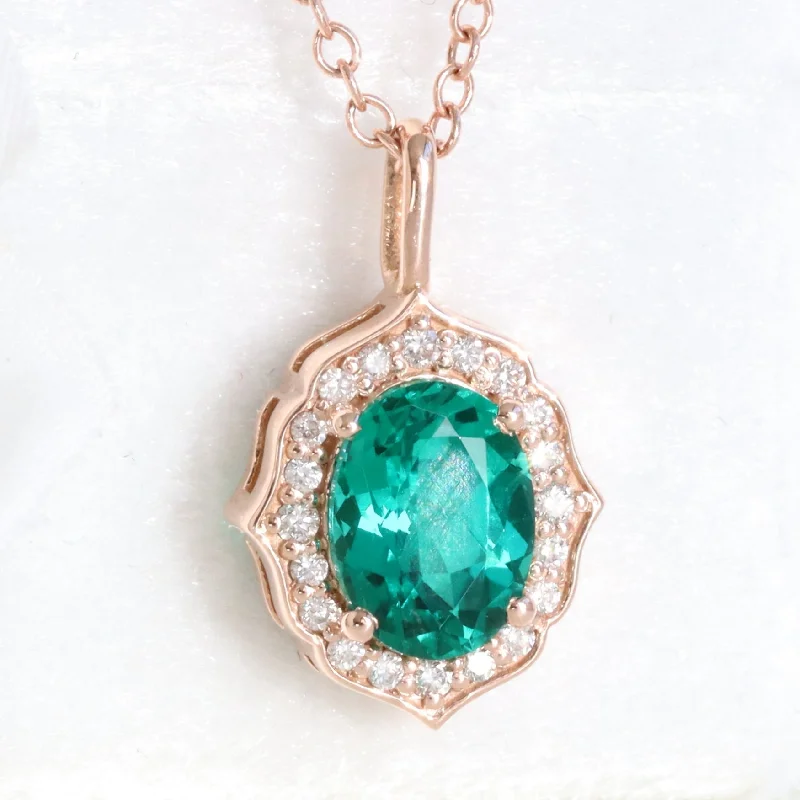 Discounted Jewelry For A Glamorous Look Oval Emerald Diamond Necklace in 14k Gold Vintage Floral Halo Pendant