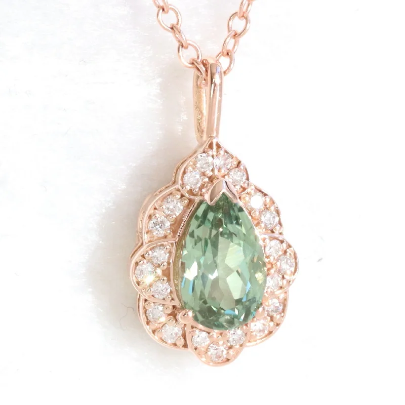 Flash Sale On Exquisite Jewelry – Don't Miss Out Pear Green Sapphire Necklace in 14k Gold Vintage Floral Diamond Pendant