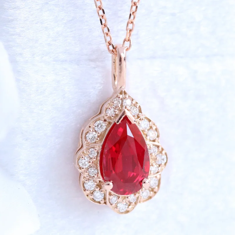 Shop Dazzling Jewelry At The Best Prices Pear Ruby Diamond Necklace in 14k Gold Vintage Floral Halo Pendant