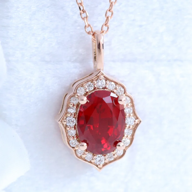 Buy More, Save More On Stunning Jewelry Designs Oval Ruby Diamond Necklace in 14k Gold Vintage Floral Halo Pendant