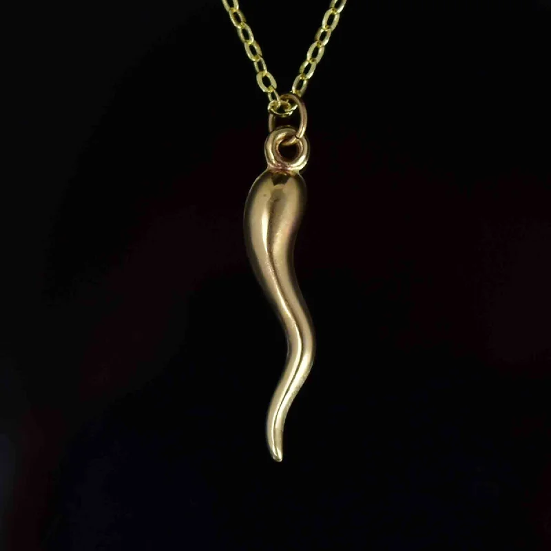 Vintage Solid 14K Gold Cornicello Italian Horn Pendant Necklace