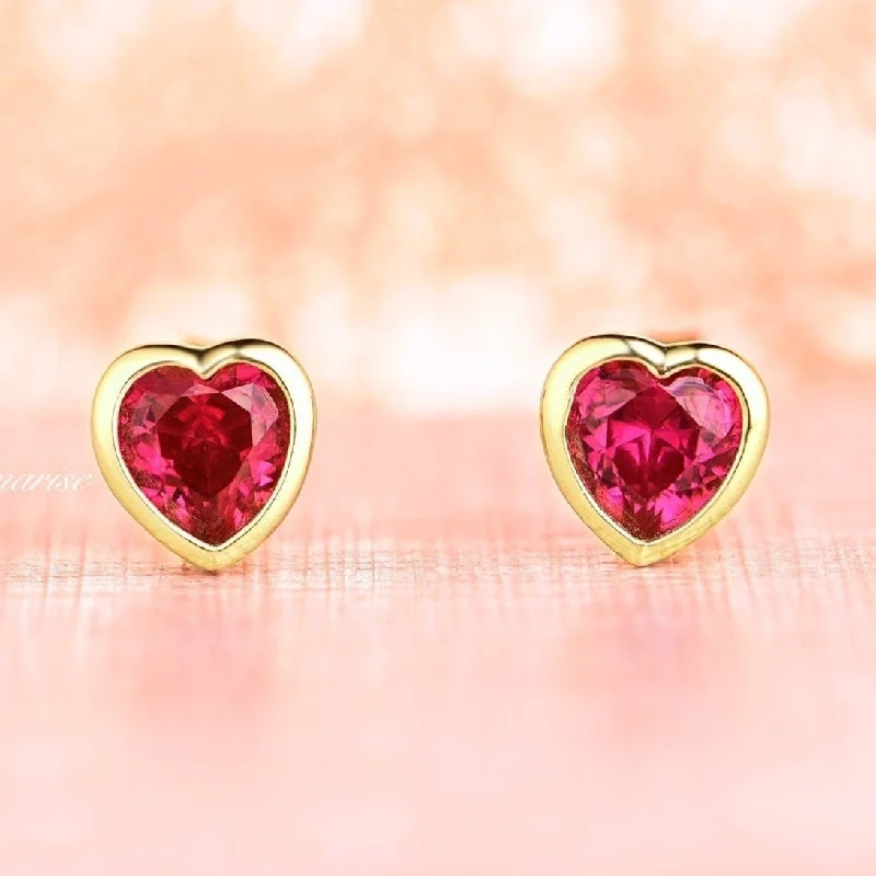 Luxury Jewelry Sale – Sparkle For Less Heart Ruby Earrings- 14K Yellow Gold Vermeil