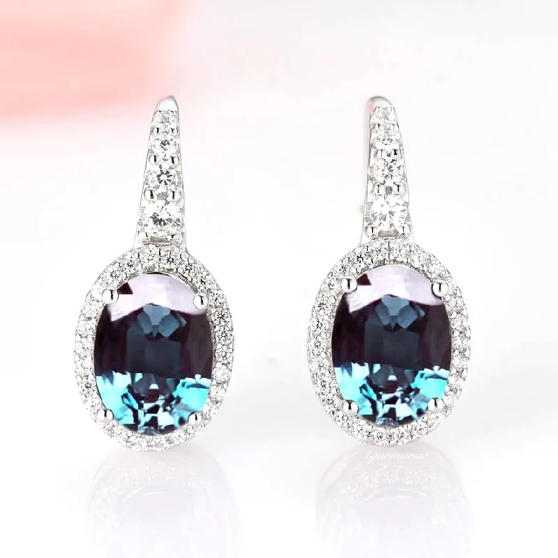 Premium Diamond Jewelry For Unforgettable Moments Oval Halo Alexandrite Earrings- Sterling Silver
