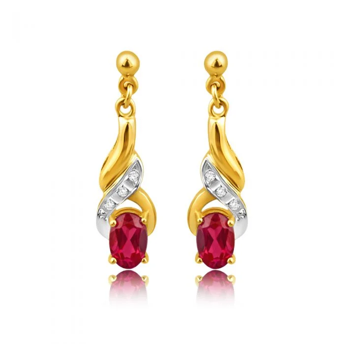 Shop Handcrafted Jewelry At Special Promotional Rates 9ct Alluring Yellow Gold Created Ruby + Diamond Drop Earrings