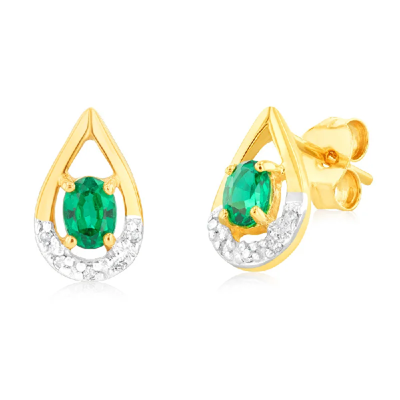 Breathtaking Jewelry, Breathtaking Prices Created Oval 4x3mm Emerald & Diamond Stud Earrings in 9ct Yellow Gold