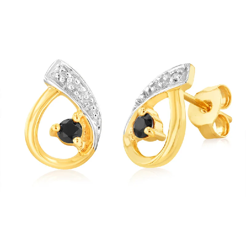 Celebrate With Sparkle – Jewelry Sale Now Live Natural Dark Round Sapphire 2.5mm & Small Diamond Stud Earrings in 9ct Yellow Gold
