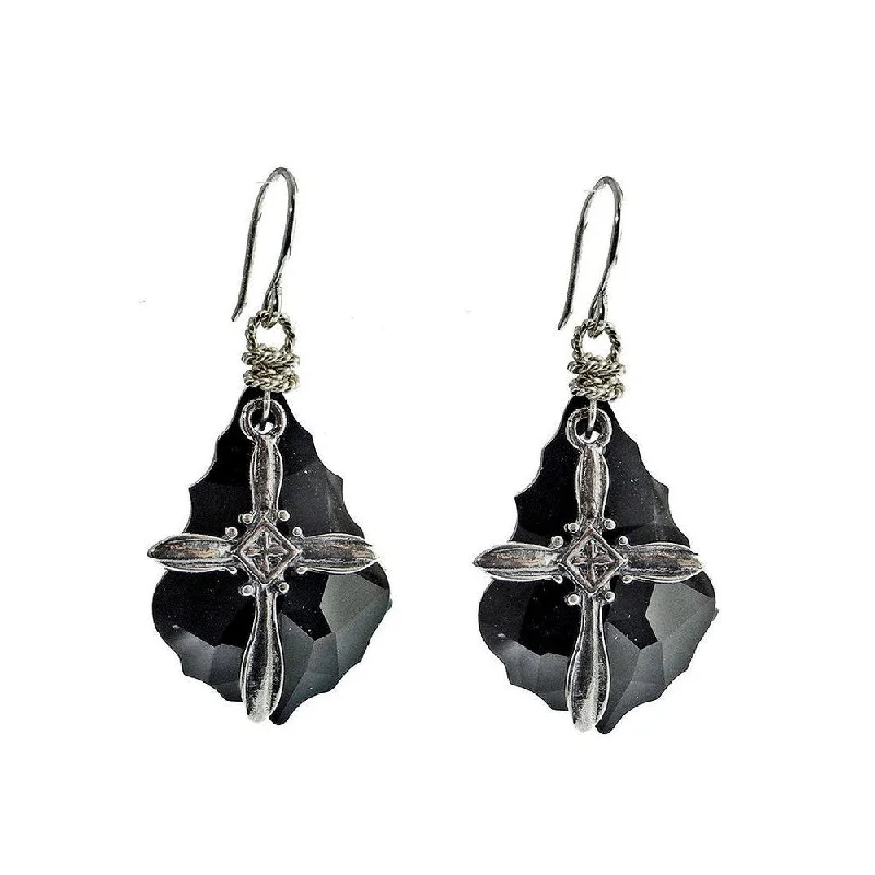 Trendy Minimalist Jewelry For Everyday Wear Silver Cross on Black Crystal Earrings
