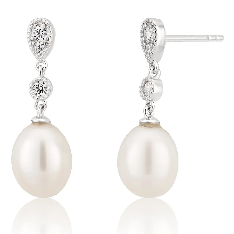 Flash Sale On Exquisite Jewelry – Don't Miss Out Sterling Silver Freshwater Pearl and Zirconia Drop Earrings