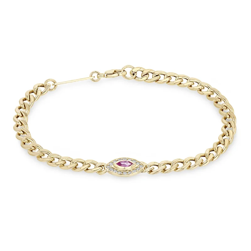 14k Medium Curb Chain Marquise Pink Sapphire Halo Bracelet