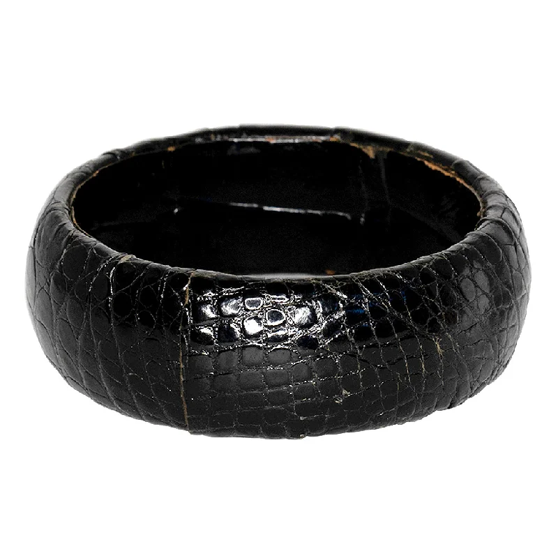 Vintage Black  Alligator Leather Bangle Bracelet