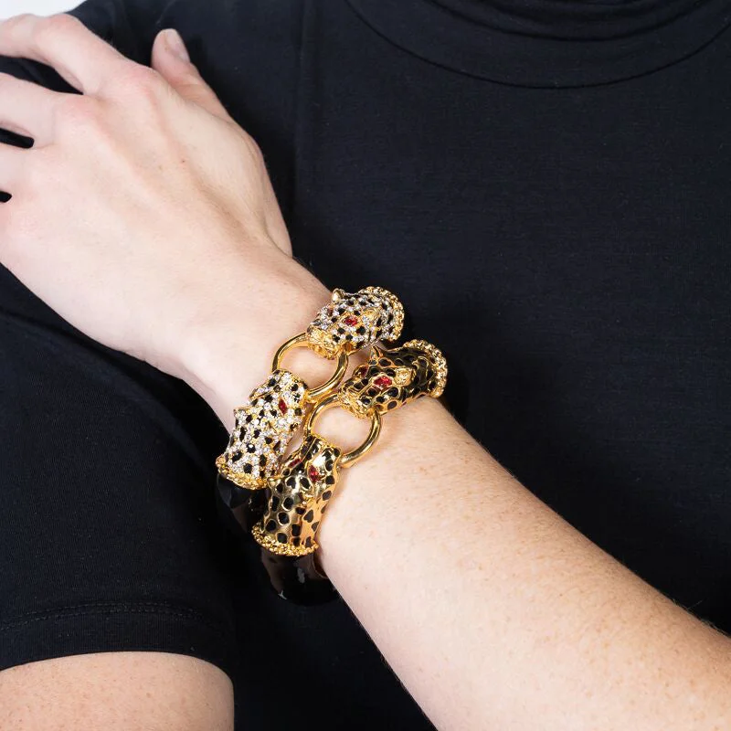 Gold with Black Spots Double Leopard Head Bracelet