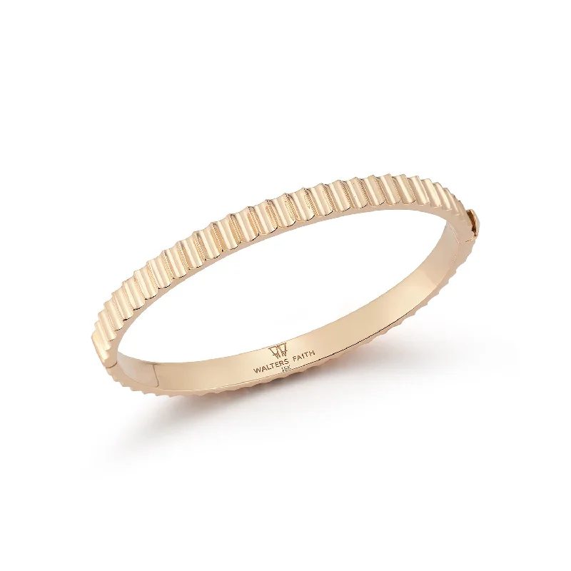 Shop Modern Jewelry Collections With Exclusive Discounts CLIVE 18K GOLD FLUTED BANGLE BRACELET WITH ORIGAMI PUSH CLOSURE