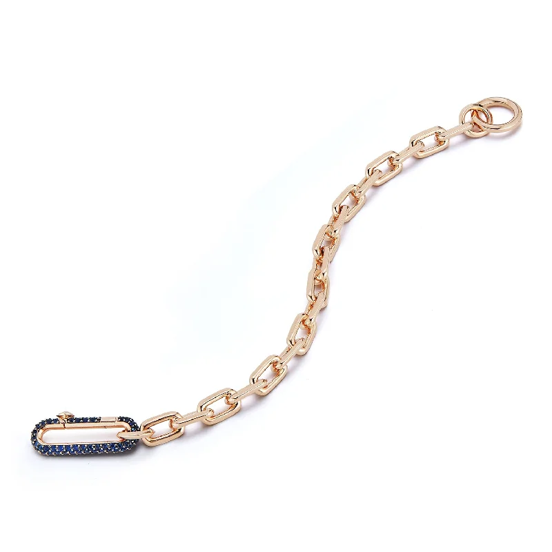 Modern Statement Jewelry For Bold Styling SAXON 18K GOLD CHAIN LINK BRACELET WITH ELONGATED BLUE SAPPHIRE LINK CLASP