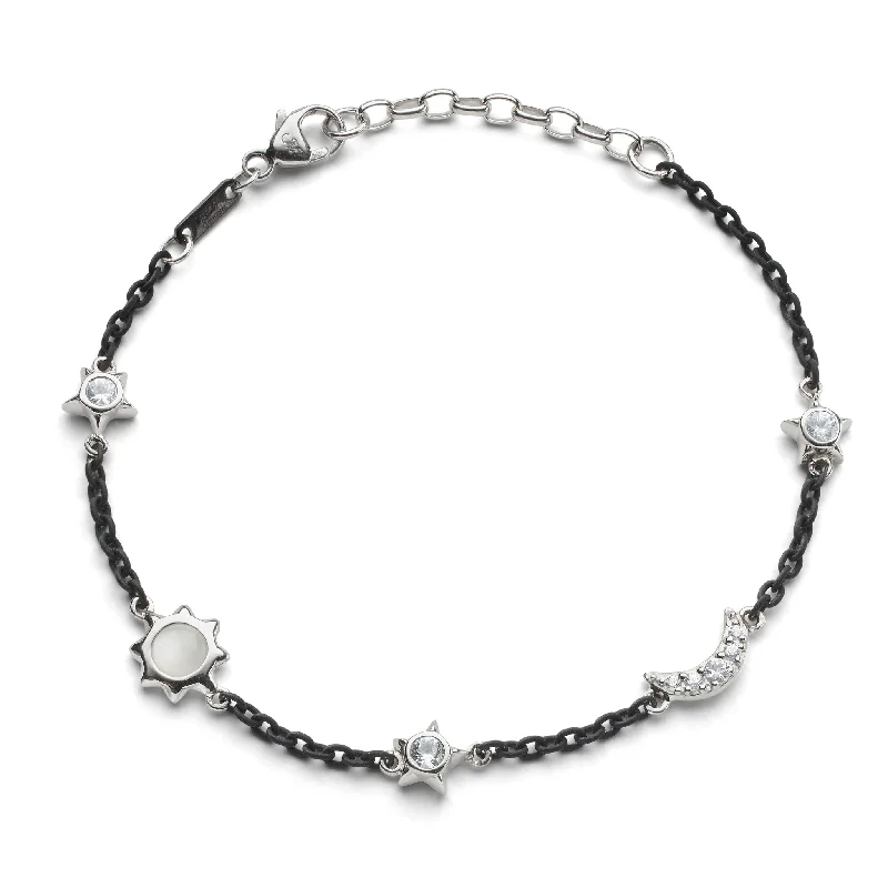 Sun, Moon and Stars Moonstone and White Sapphire Steel Chain Bracelet