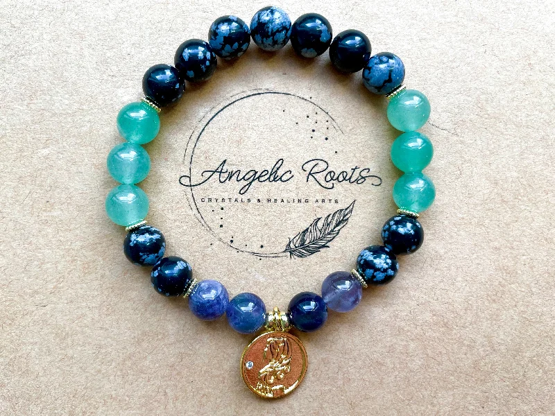 Elegant Rose Gold Jewelry For A Stylish Touch VIRGO GOLD EDITION Snowflake Obsidian, Green Aventurine, Amethyst Beaded Bracelet || Reiki Infused Elegant Rose Gold Jewelry For A Stylish Touch VIRGO GOLD EDITION Snowflake Obsidian, Green Aventurine, Amethyst Beaded Bracelet || Reiki Infused