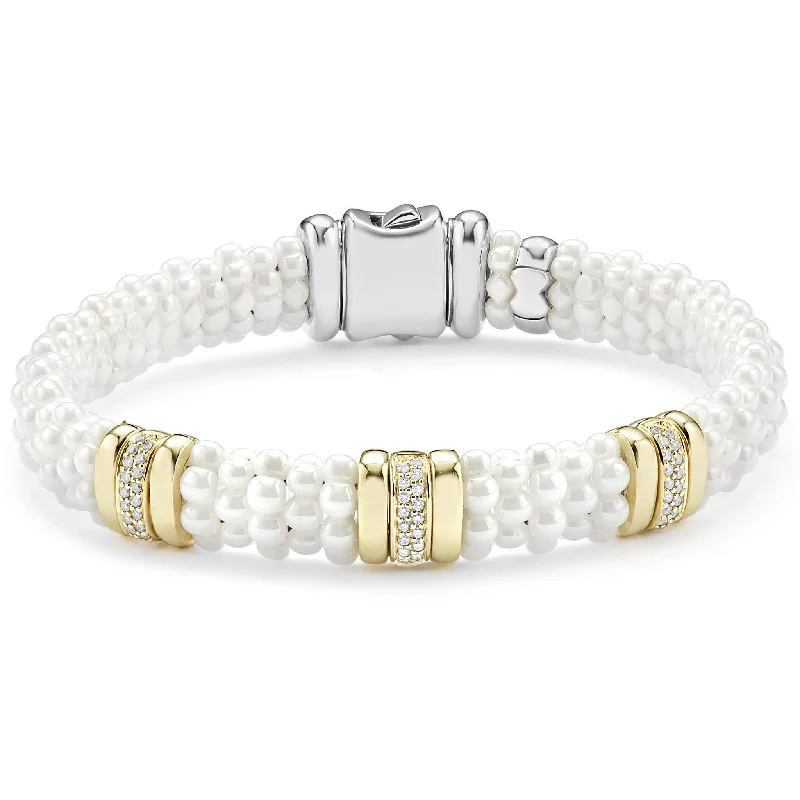 High-Quality Gemstone Jewelry For Special Occasions White Caviar Three Station Ceramic Diamond Bracelet | 9mm