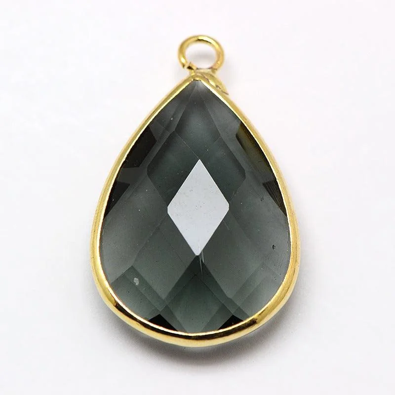 1.25 Inch Golden Tone Brass Faceted Gray Glass Teardrop Pendants