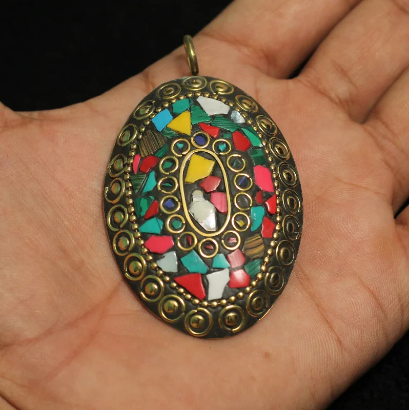 1 Pc Tibetan Pendant Oval Shape Multicolor 2.75 Inch