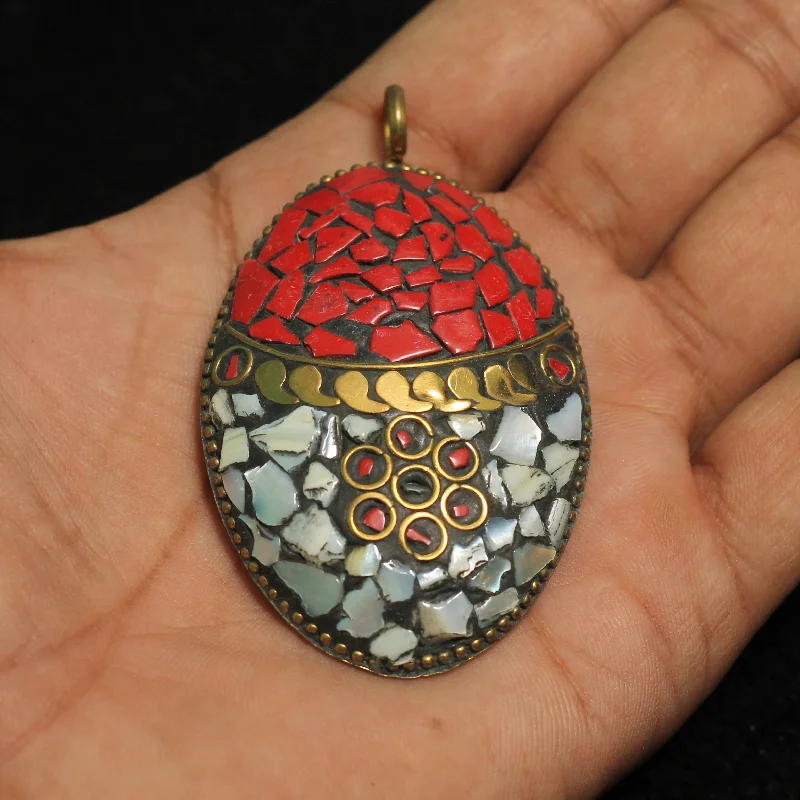 1 Pc Tibetan Pendant Oval Shape Multicolor 2.75 Inch