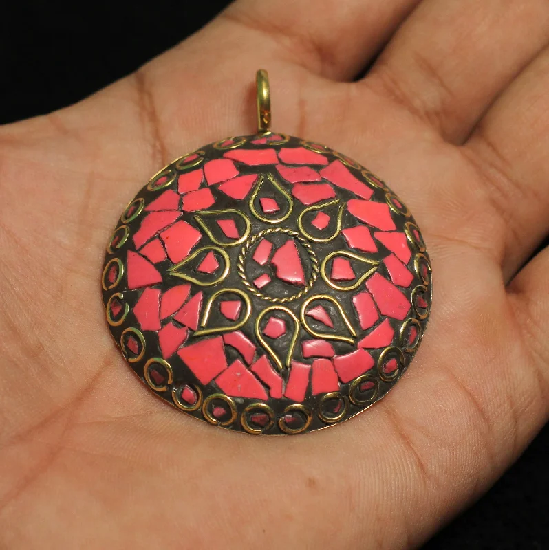 1 Pc Tibetan Pendant Round Shape Multicolor 2.25 Inch