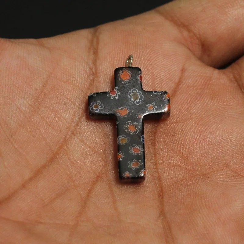 30x20 MM Millefiori Glass Cross Pendant Dark Purple