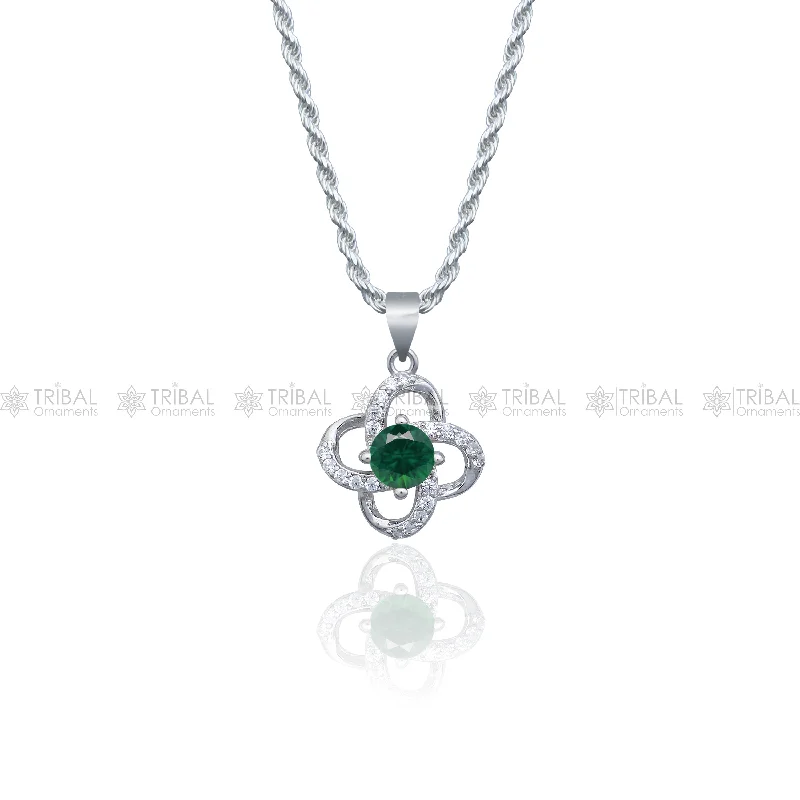 925 Sterling silver flower with green diamond (emerald)  pendant set  nsp964