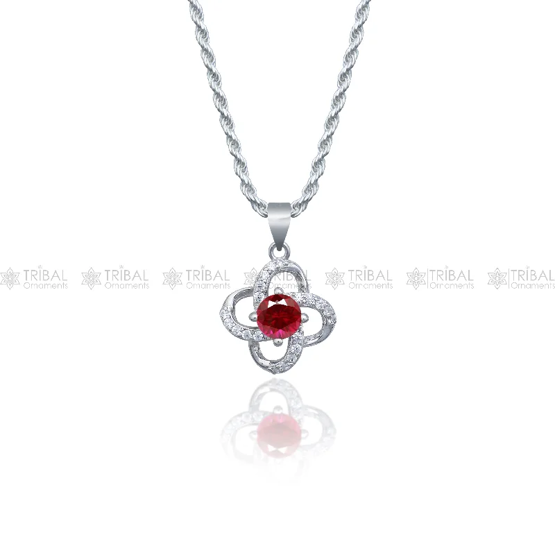 925 Sterling silver flower with Red diamond (rubby )  pendant set nsp963