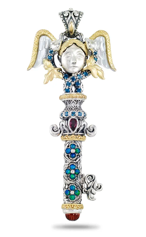 Inner Goddess Key - Diamond, White Mother of Pearl, Opal, London Blue Topaz & Rhodolite Garnet