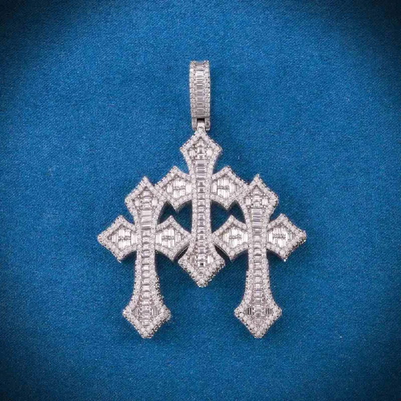 Sparkle For Less – Shop Our Limited-Time Jewelry Deals Baguette Moissanite Triple Ornamental Cross Pendant 14K Gold