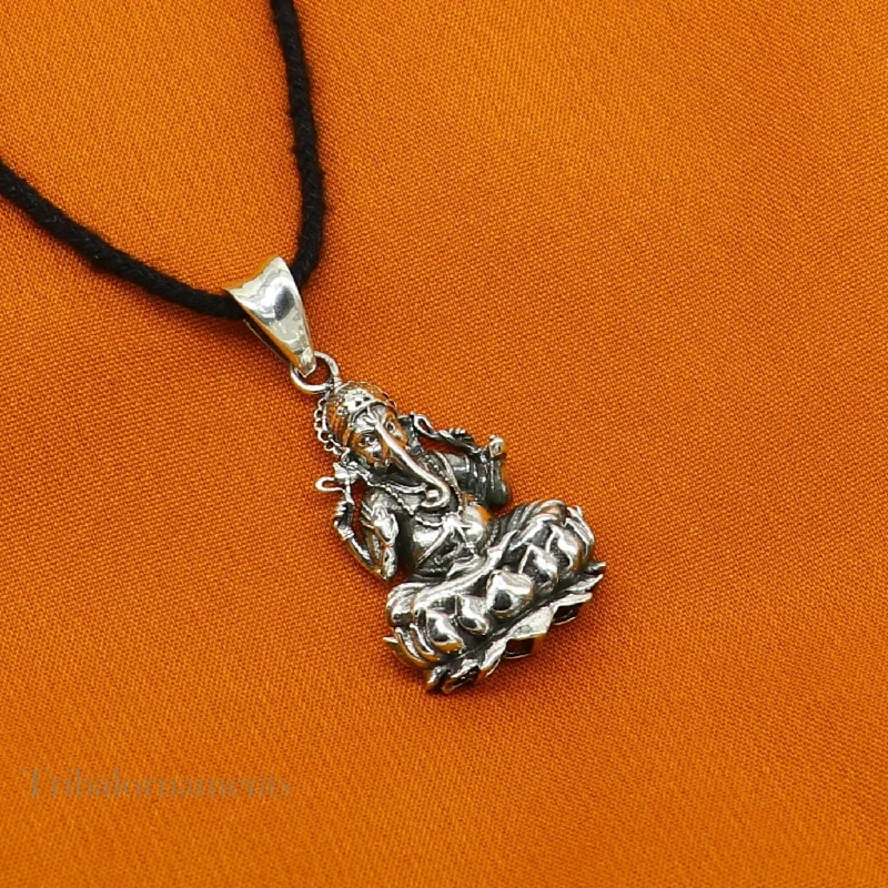 Upgrade Your Jewelry Collection For Less Divine lord Ganesha sitting on lotus blessing pendant, excellent vintage designer 925 sterling silver handmade jewelry from india ssp959