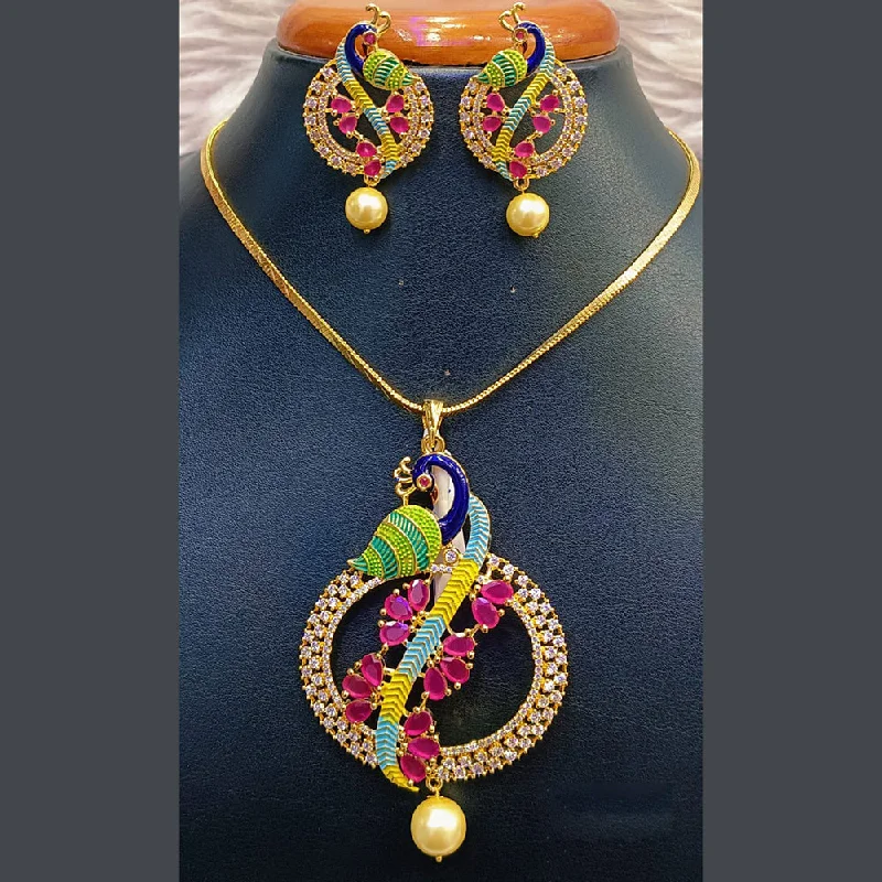 Jain Jewellers Gold Plated AD Stone And Meenakari Chain Pendant Set