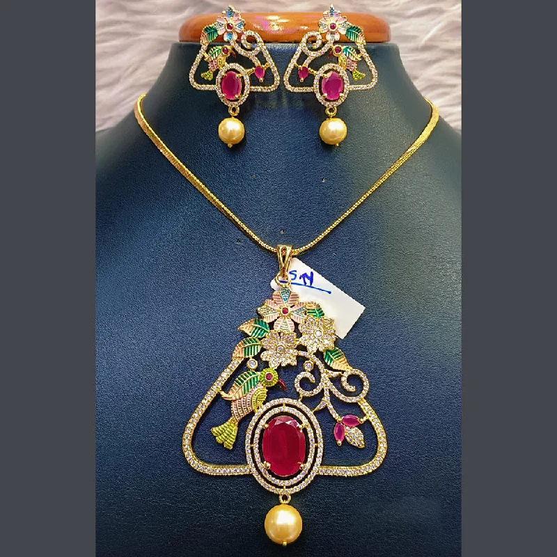 Jain Jewellers Gold Plated AD Stone And Meenakari Chain Pendant Set