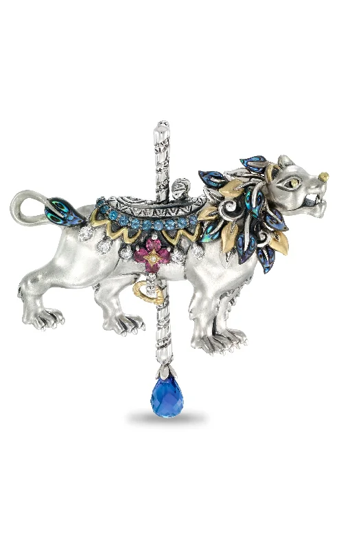 Limited Edition Lion Carousel Pin/Pendant - Diamond, London Blue Topaz, Pink Garnet & Abalone