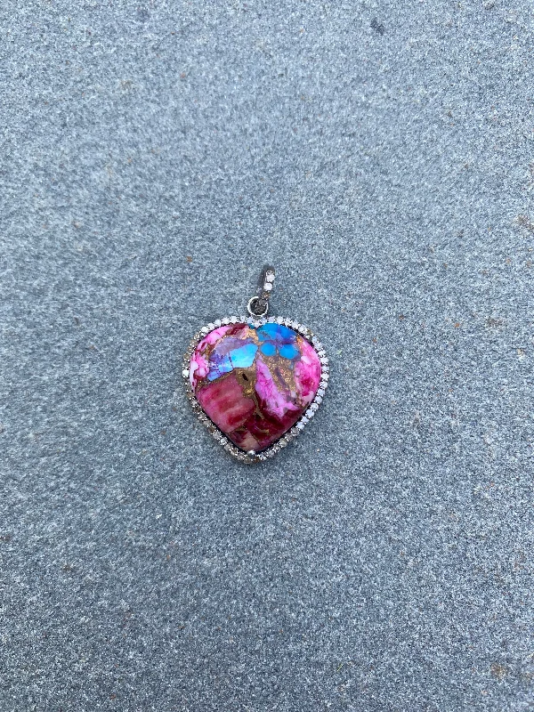 Pink Turquoise Puffy Heart with Pave Diamond Pendant