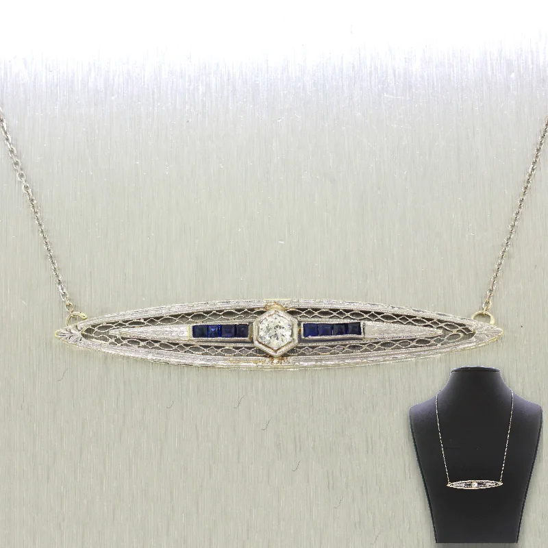 Limited-Stock Jewelry Clearance – Grab Your Favorites Now 1920s Antique Art Deco 14k Gold 0.25ct Diamond & Sapphire Bar Necklace