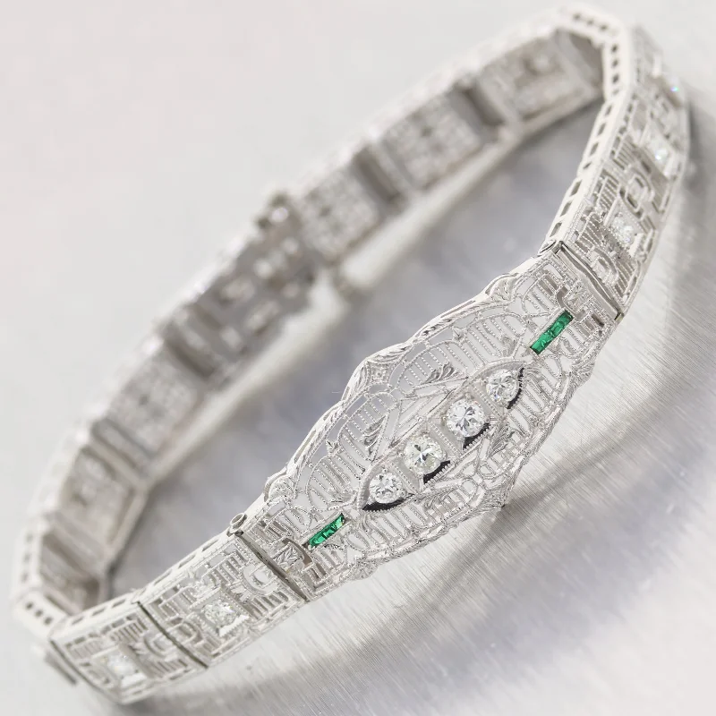 Shop Dazzling Jewelry With Special Promotional Discounts 1930's Antique Art Deco 14k White Gold 1ctw Diamond & Emerald Filigree Bracelet