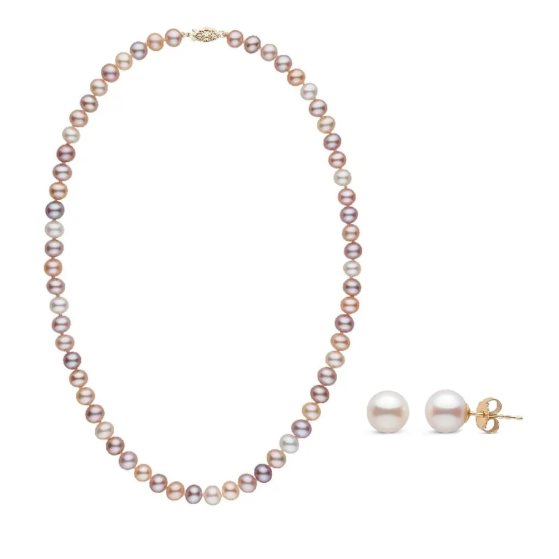 High-Quality Gemstone Jewelry For Special Occasions 6.5-7.0 mm Multicolor AAA Freshwater Pearl 18 Inch Necklace and Stud Earring Set